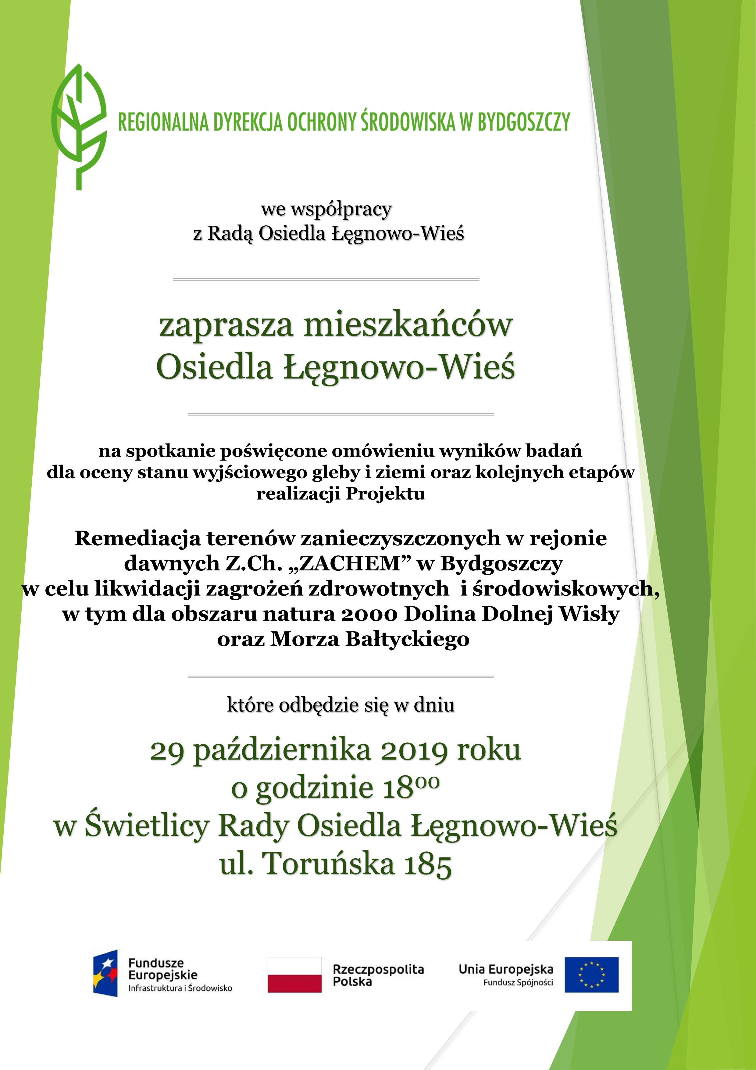 Plakat promujący spotkanie w dniu 29 października 2019 roku w Świetlicy Rady Osiedla Łęgnowo-Wieś. Tło jest zielone, na dole widnieją logotypy projektu