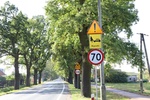 Znaki informujące o zagrożeniach na drodze i znaki zakazu wprowadzające ograniczenia w ruchu drogowym na odcinku Alei dębowej w Borównie / fot. A. Dembek